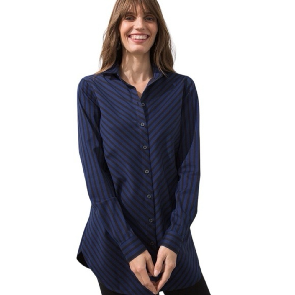 Chico’s S Navy Blue Black Slimming Striped Long Sleeve Button Down Tunic